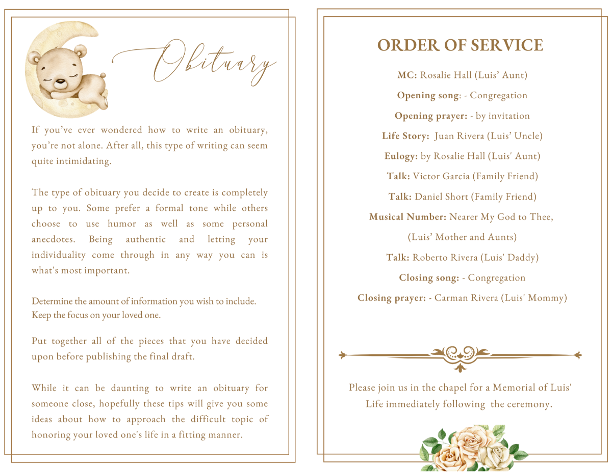 Obituary and order of service pages with moon bear artwork and warm script typography.