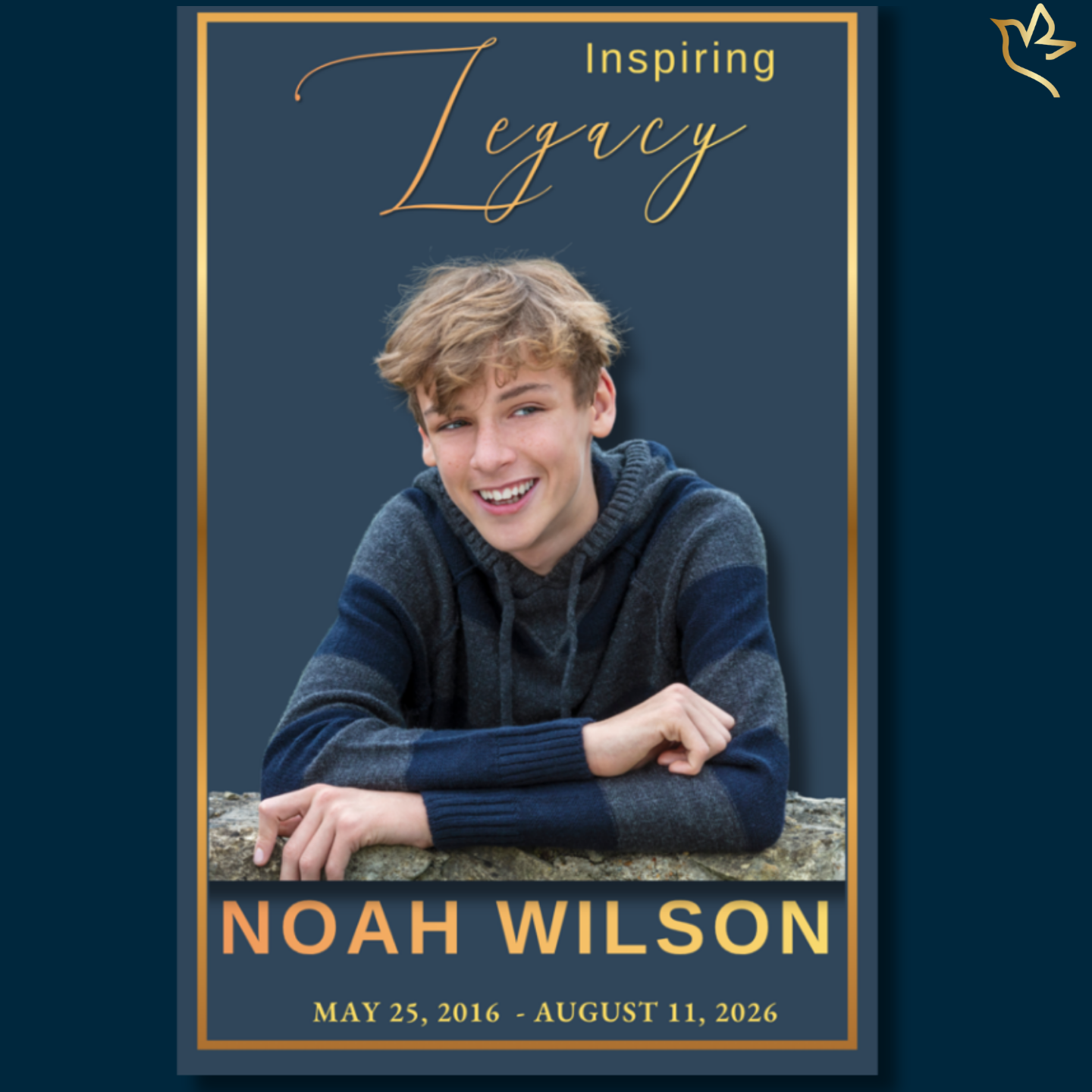 Inspiring Legacy funeral program template featuring a sophisticated navy blue and gold memorial design with elegant script typography, timeless accents, and a modern portrait layout created to celebrate the life, dreams, achievements, character, and lasting impact of a beloved teenage boy.