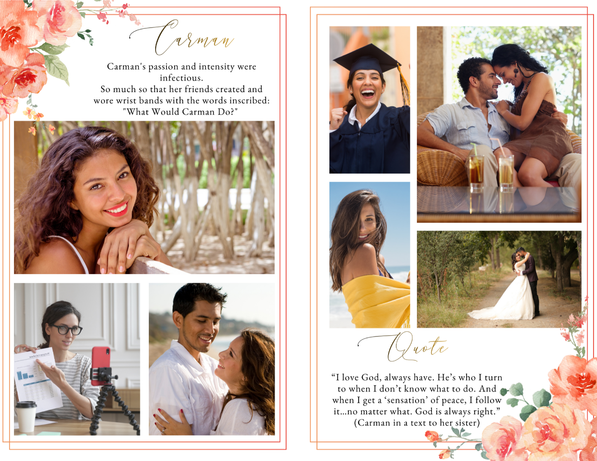 Inner photo-collage spread with multiple lifestyle images of the loved one, peach floral accents, gold frames, and a heartfelt personal quote centered below the photos.