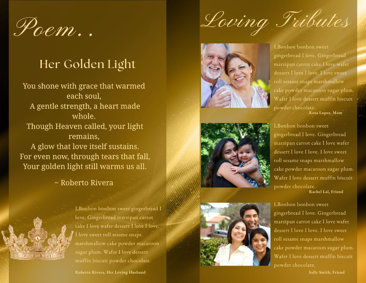 Poem and loving tributes pages from the Her Golden Crown funeral program displaying gold crown art, formatted poem, and tribute sections with photo placeholders.