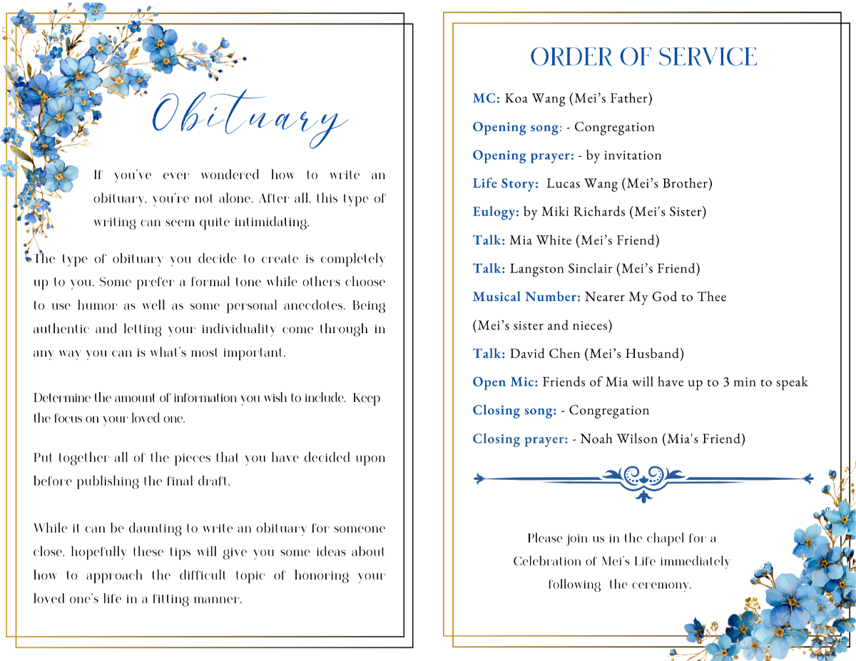 Obituary page on the left with graceful script heading and coordinating florals; Order of Service page on the right with structured service details and subtle gold divider flourish.