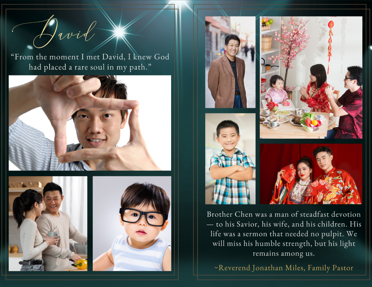 Interior memorial collage layout featuring multiple family photos, heartfelt tribute text, and elegant jade background with gold-lined framing and soft radiant light above.