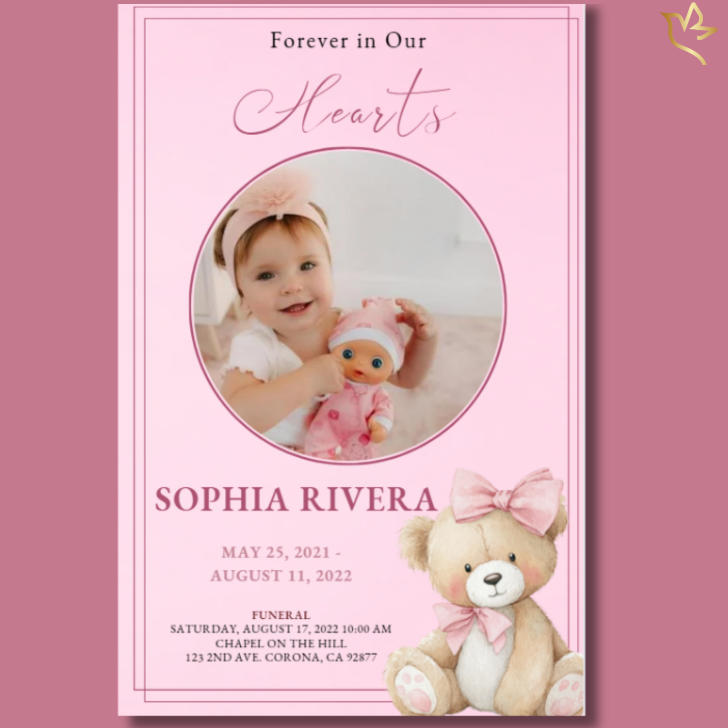 Thumbnail preview of the Pink Angel Grace child funeral program with blush-pink background, teddy-bear illustration, and framed portrait.