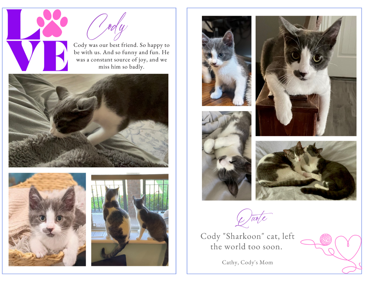 Poem and loving-tributes layout featuring multiple pet photos and gentle typography.