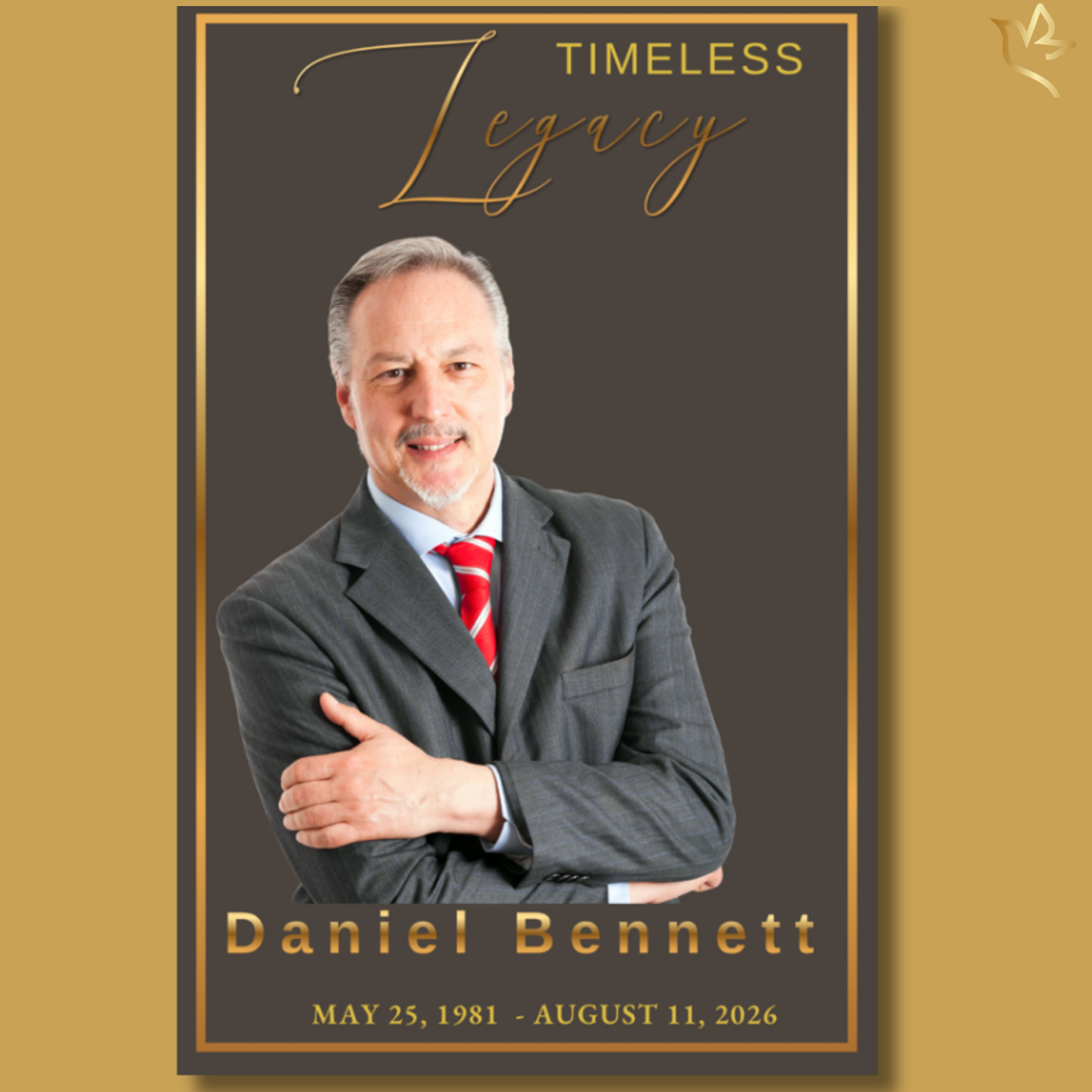Elegant men’s memorial program cover featuring rich charcoal tones, refined gold typography, and a distinguished portrait layout designed to honor a beloved man with strength, dignity, and timeless style.
