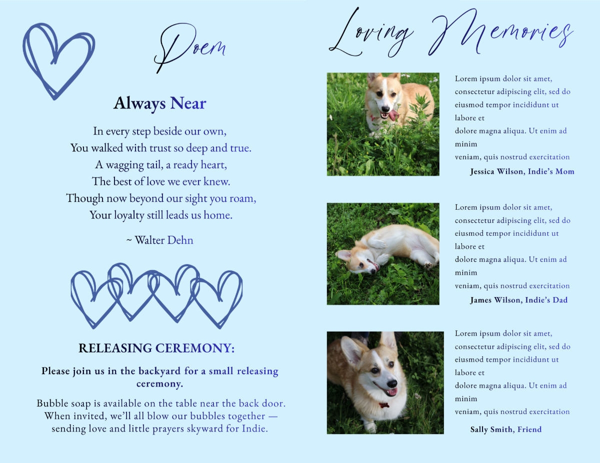 Poem and Loving Memories pages featuring pet tribute messages, favorite photos, and heartfelt reflections from family members remembering their faithful companion.