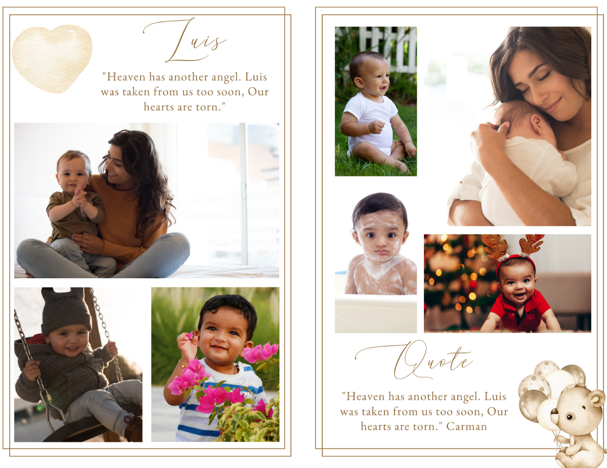 Photo collage pages with family images, watercolor heart, and comforting quote for child memorial.