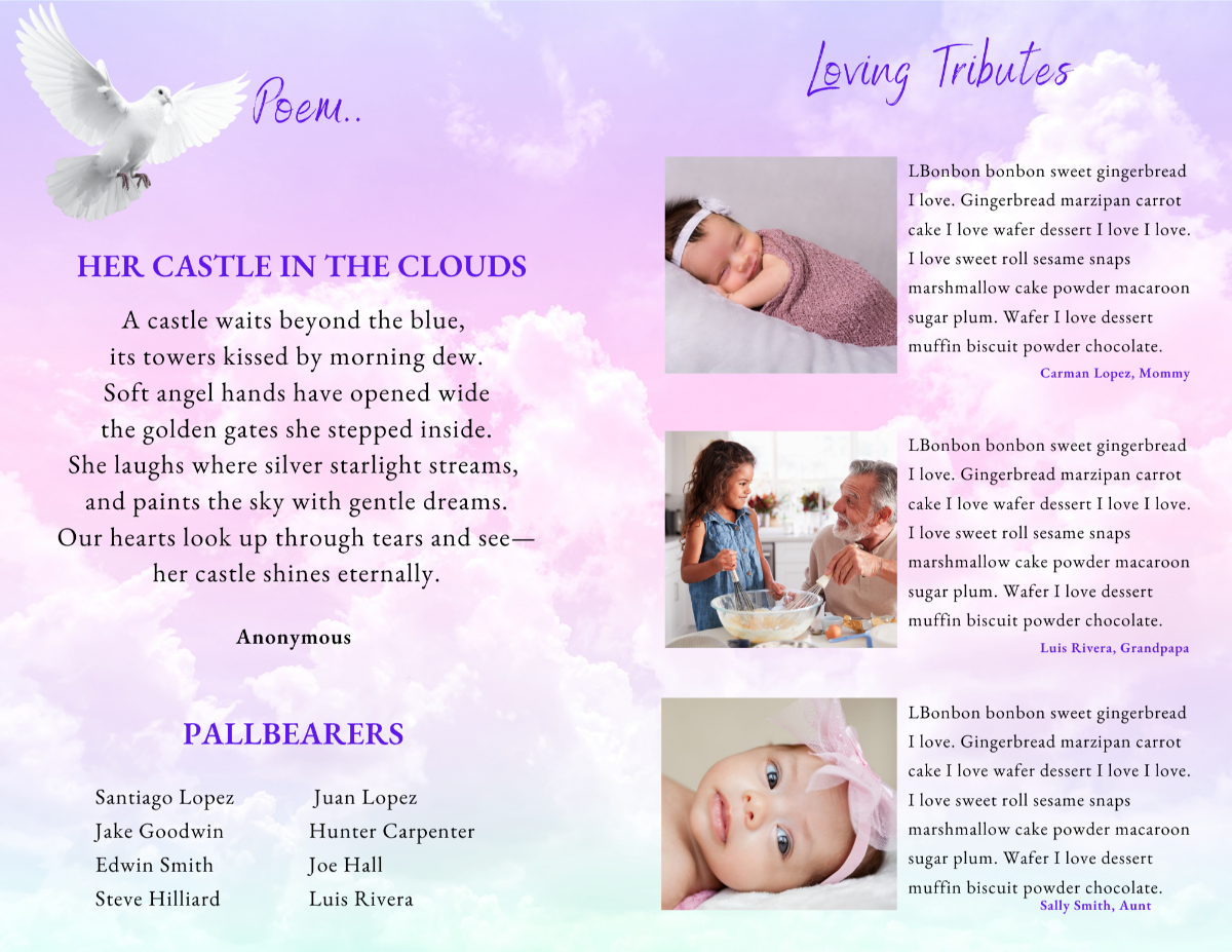 Center spread featuring the poem “Her Castle in the Clouds,” pallbearers list, and loving tributes highlighted with angelic cloud accents.