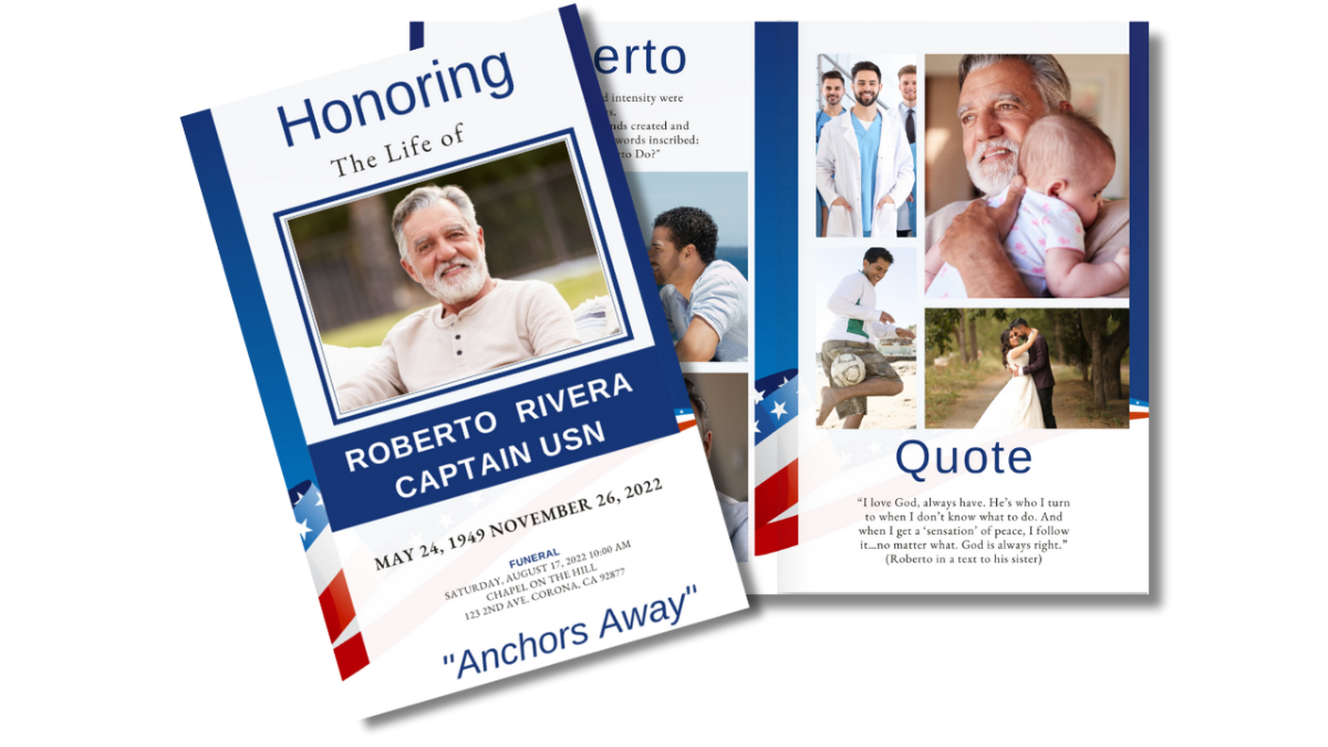 Flat-lay preview of the Stars and Stripes US Navy Funeral Program cover, showing back thank you page and front cover—styled with classic patriotic colors.
