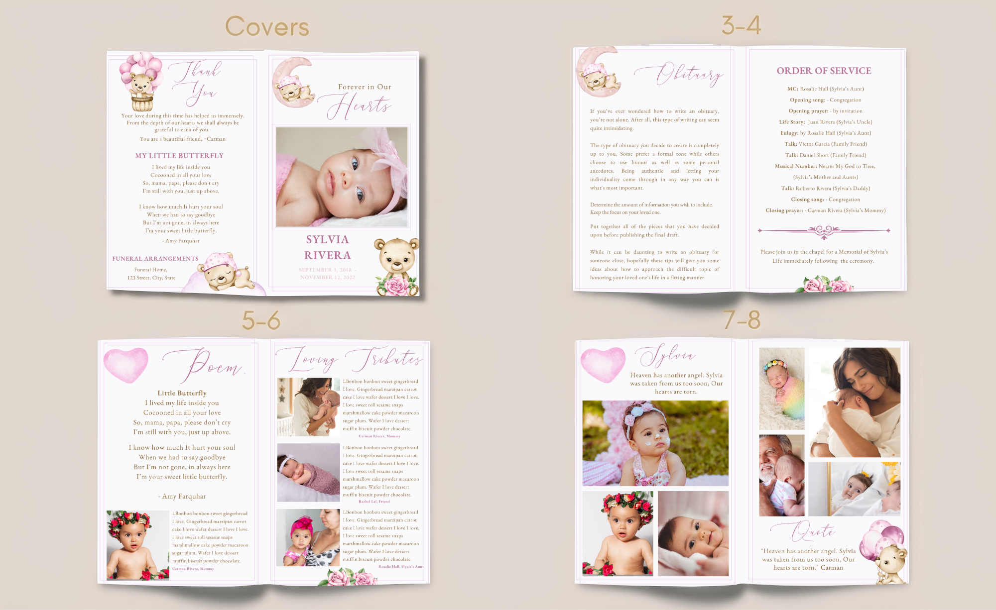 Eight-page children’s funeral program template showing coordinated cover, obituary, order of service, poem, loving memories, photo gallery, tribute, and memorial pages for a baby, child, or teen.