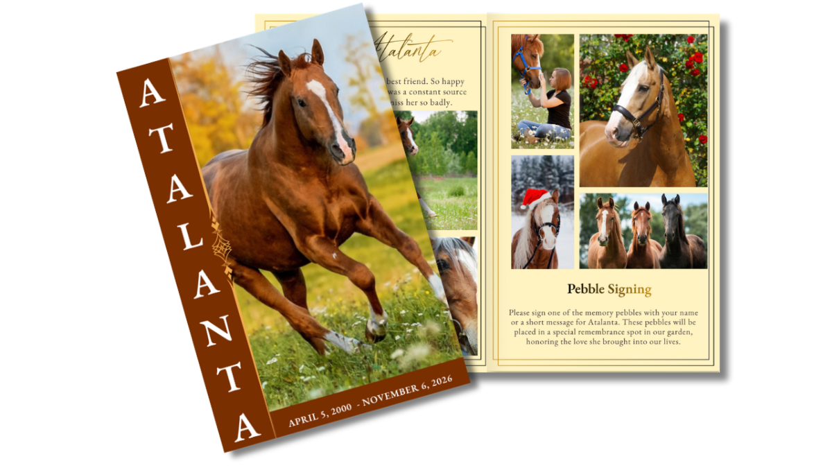 Horse memorial program front cover with open interior pages showing photo collage layouts featuring horse and owner memories.
