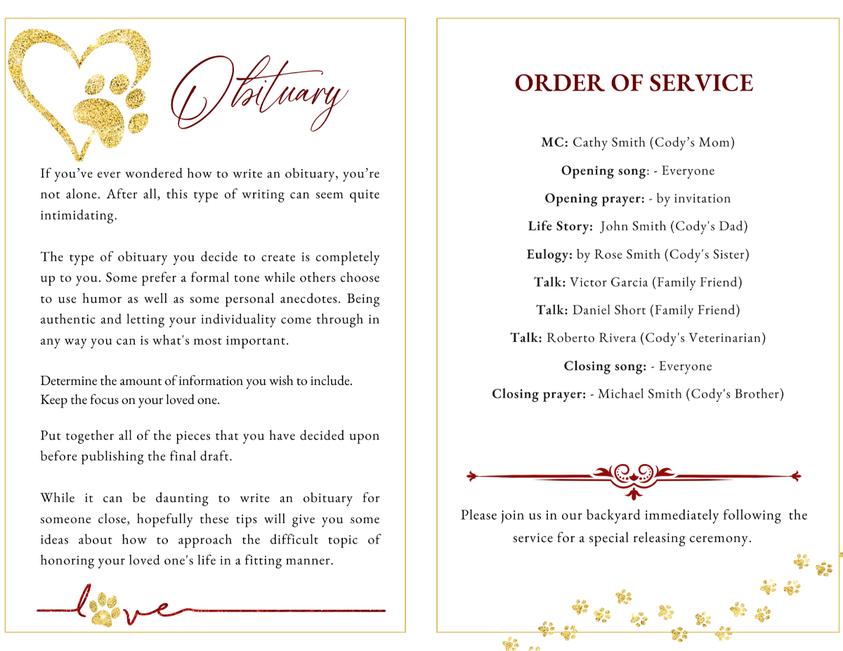 Interior pages displaying obituary text and order of service layout surrounded by elegant gold paw-print and linework details.