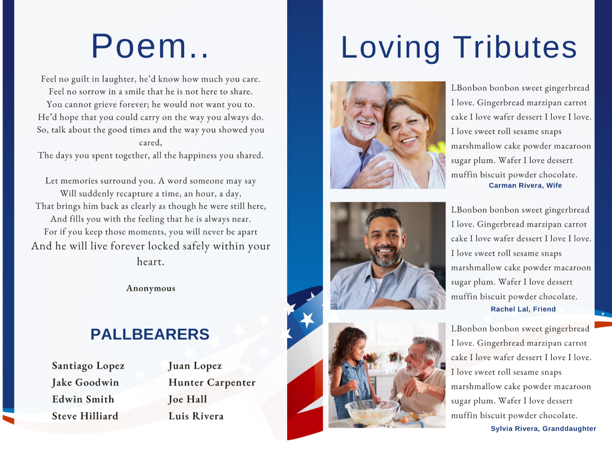 Interior spread showing the Stars and Stripes Navy funeral program with a full-page memorial poem on the left and photo tributes with written messages on the right, decorated with patriotic red, white, and blue elements.