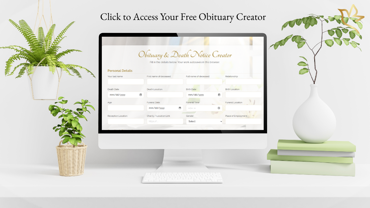 Computer screen showing the Obituary & Death Notice Creator tool — a gentle, gold-accented form for families to write, save, and print custom obituaries online.