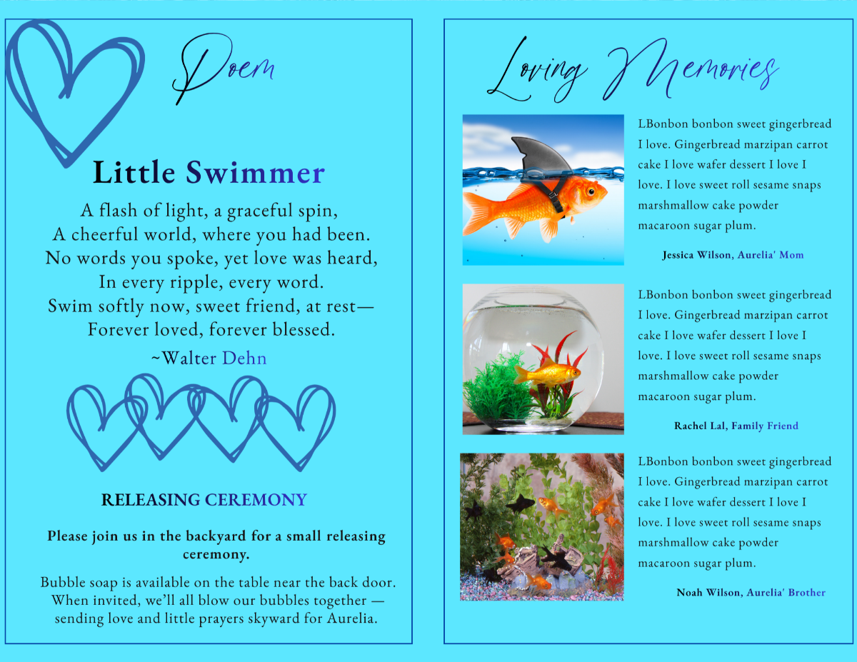 Interior pages featuring a heartfelt poem and loving memories section, enhanced with flowing design elements and calming aquatic colors.