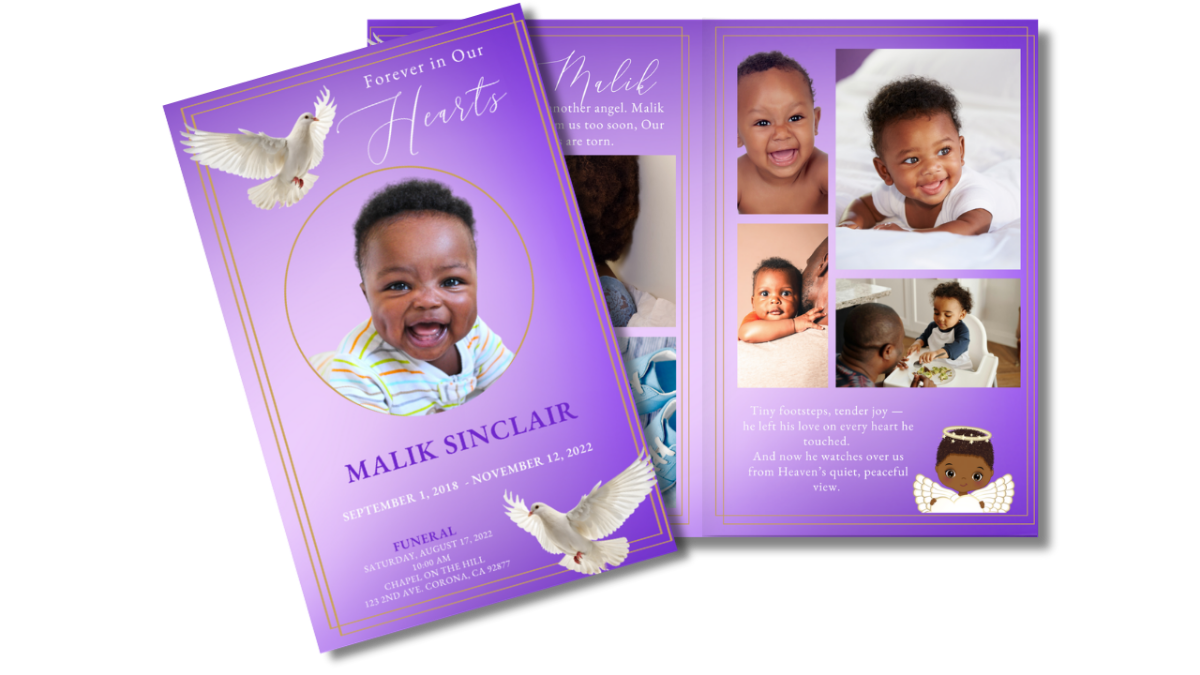 Front cover displayed beside open interior pages showing the purple heavenly theme with white doves and coordinated layouts for obituary, photos, poem, and loving tributes.