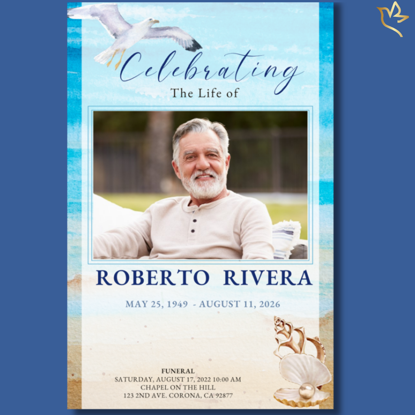 Ocean’s Horizon funeral program cover featuring a peaceful ocean shoreline background with soft blue sky, flying seagull, sandy beach textures, and seashell accents framing a centered memorial portrait.