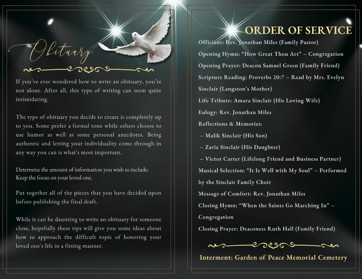 Obituary and order of service layout with clear, readable text sections, gold decorative dividers, and radiant onyx background designed for a dignified and organized memorial program.