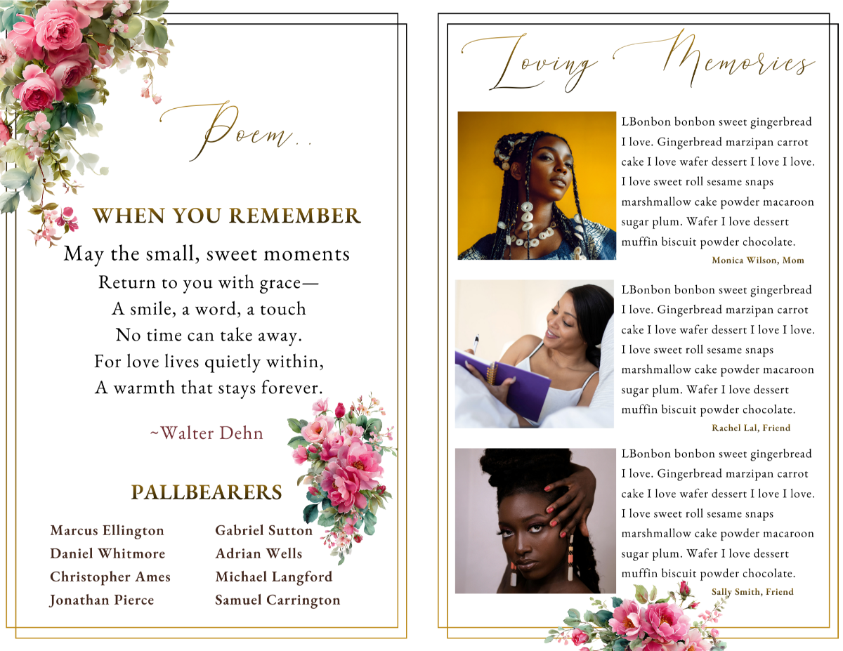 Crimson Rose Funeral Program Template – poem, loving tributes, and pallbearers page with elegant floral border and soft burgundy rose accents