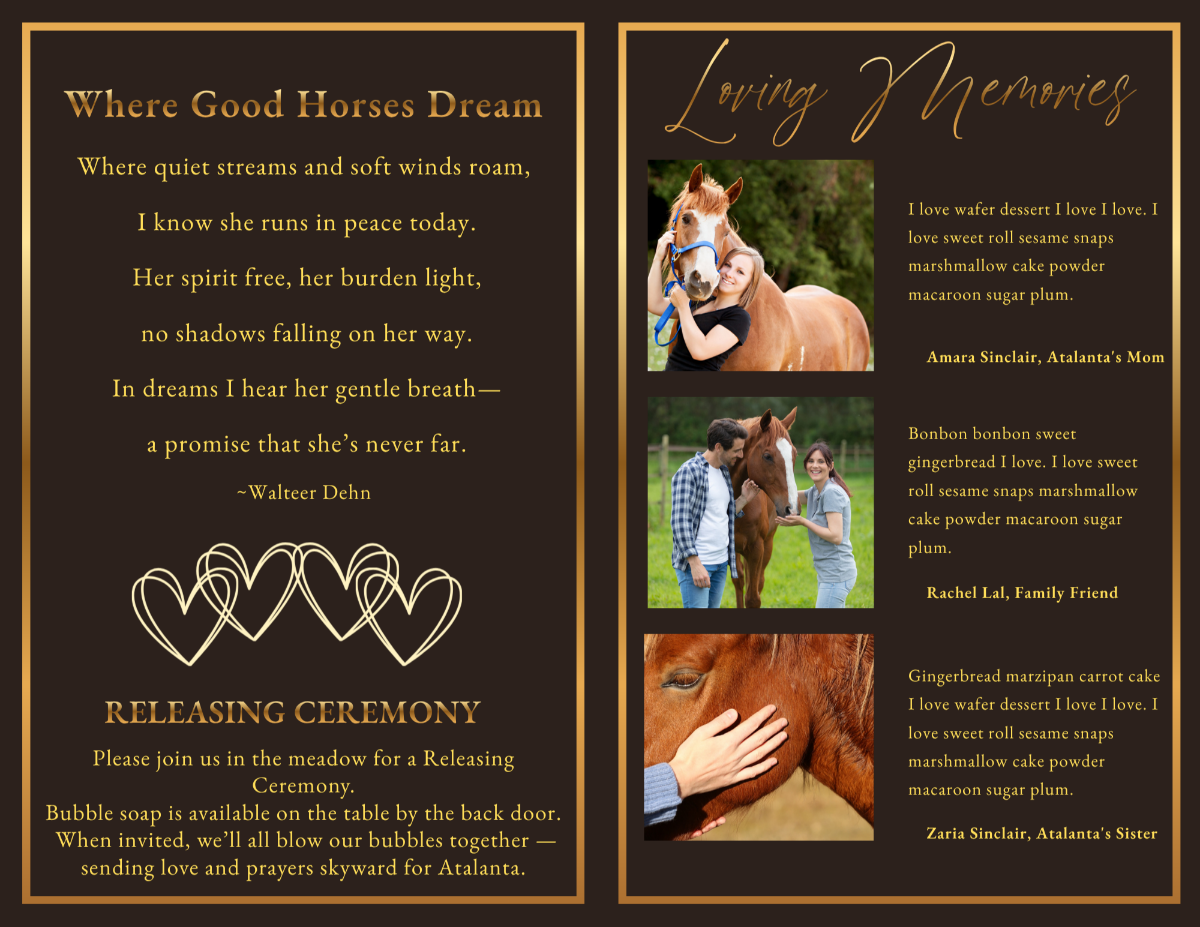 Memorial pages featuring the poem Where Good Horses Dream, family tributes, treasured photographs, and heartfelt memories celebrating the bond between horse and rider.