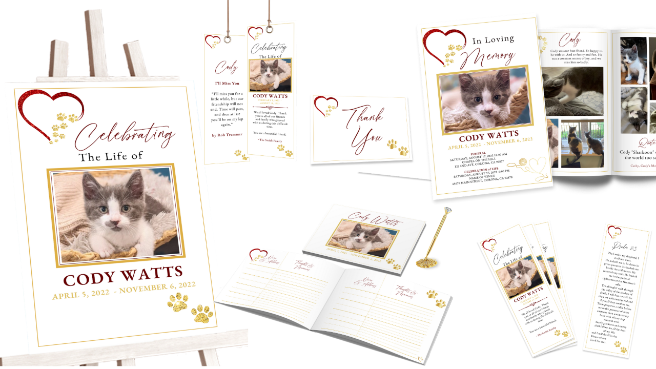 Browse funeral bundle templates for pets featuring editable Canva designs.