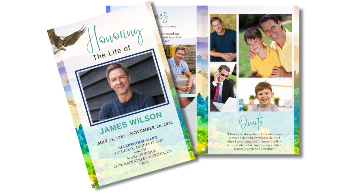 Program spread showing front and back pages with mountain landscape and serene blue-green tones.