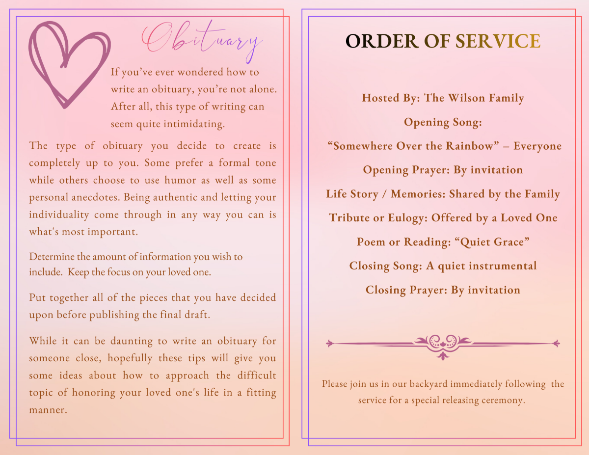 Obituary and order of service spread with soft blush gradient background, simple heart illustration, and clear structured text sections designed for a peaceful pet memorial service.