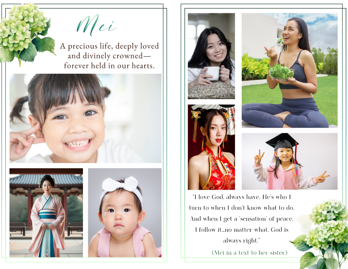 Photo collage and remembrance pages featuring treasured family moments, meaningful relationships, and loving memories preserved in an elegant floral keepsake design.