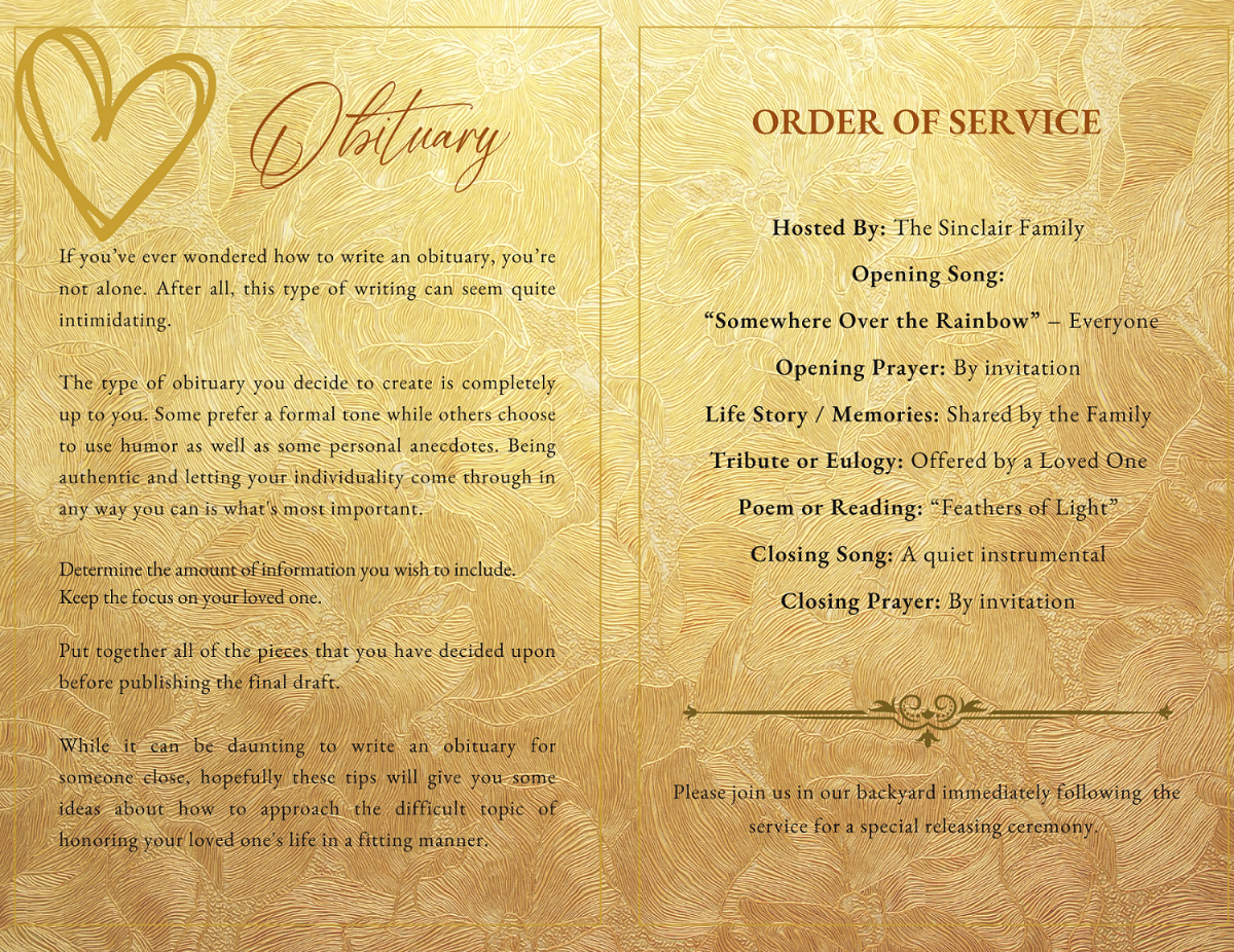 Obituary and order of service layout with gold textured background, heart-shaped feather illustration, organized memorial sections, and elegant serif and script fonts.