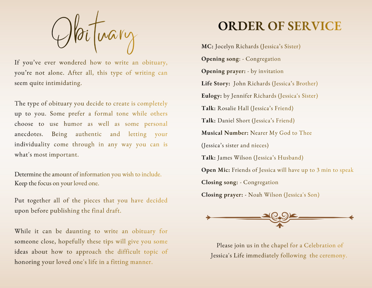 Obituary and Order of Service pages featuring elegant serif typography with gold accents and rose floral elements framing structured memorial text.