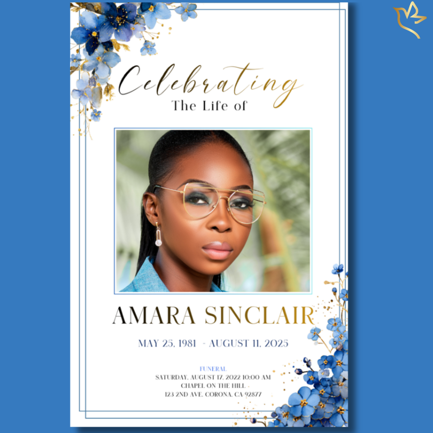 Beloved Forget-Me-Nots funeral program cover featuring rich blue forget-me-not florals with gold accents framing a centered portrait, elegant script title, and soft ivory background with double-line border.