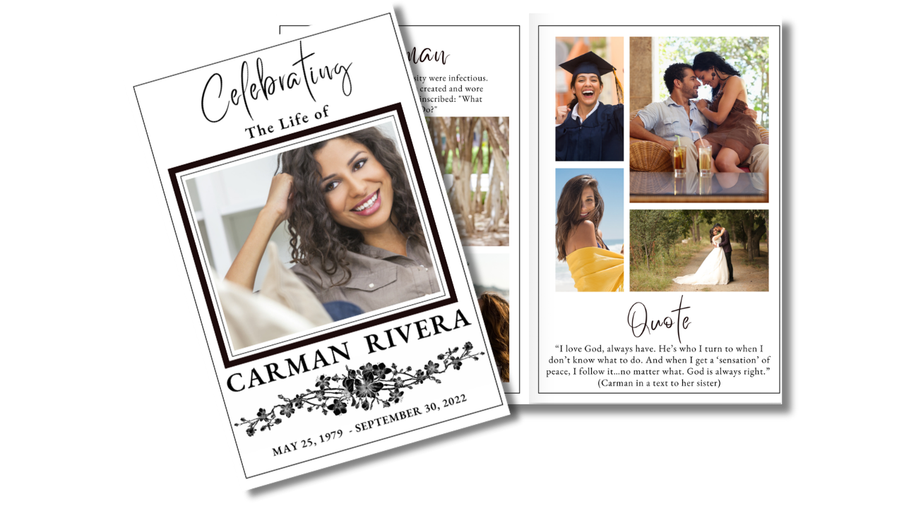 Simply Stunning funeral program template preview featuring the elegant cover design displayed alongside coordinated interior memorial pages for photographs, tributes, obituary content, service details, and cherished memories.