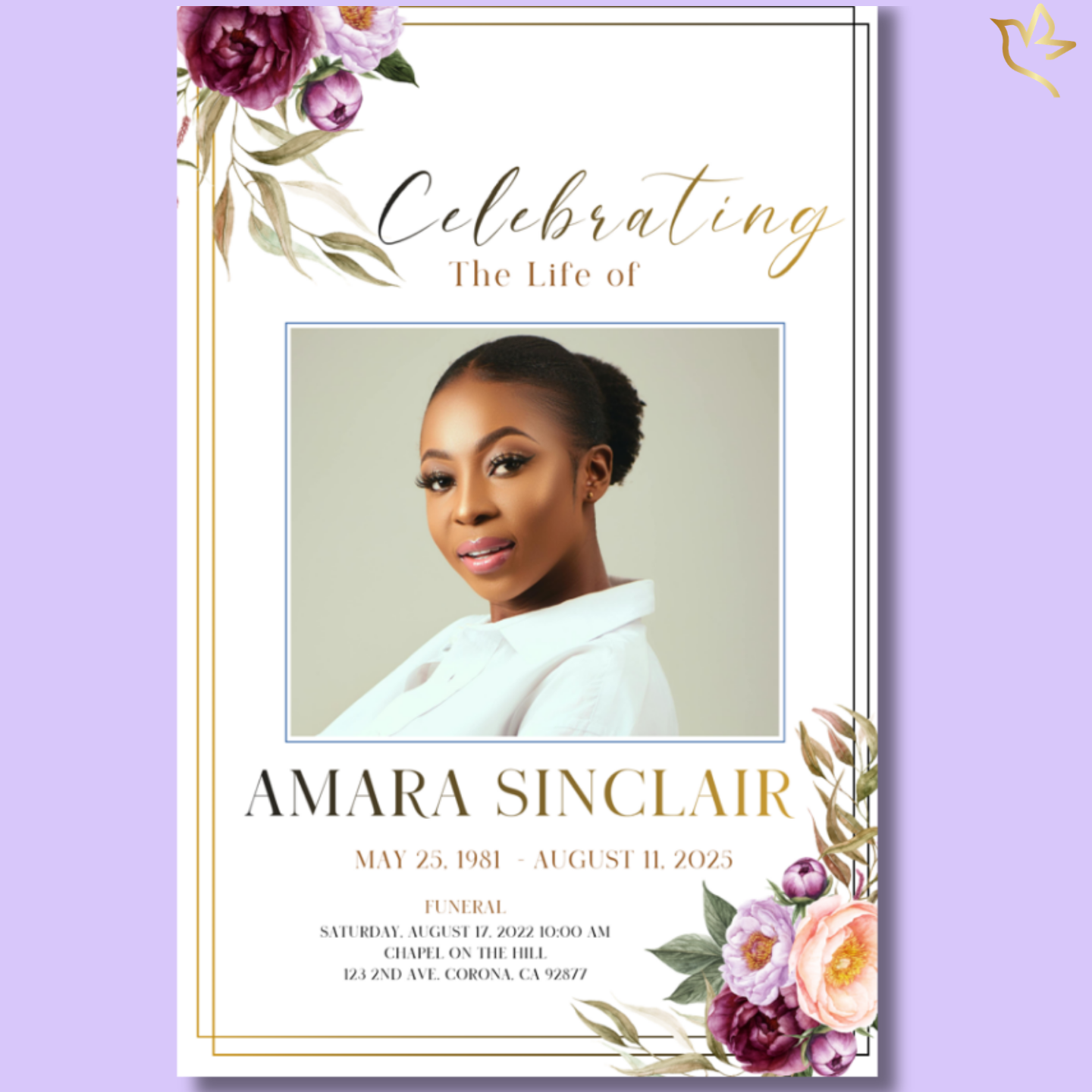 Eternal Peonies funeral program cover featuring rich burgundy and blush peony florals with soft greenery framing a centered portrait on a warm ivory background with elegant memorial typography.