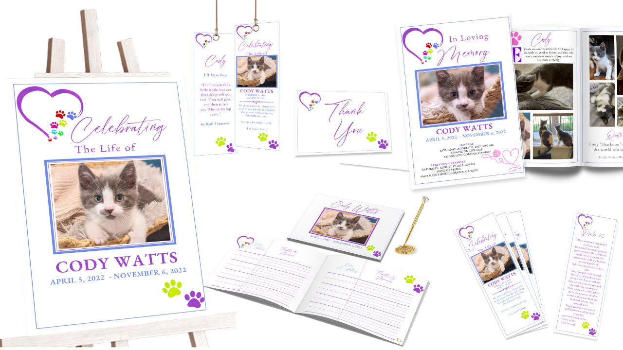Browse funeral bundle templates for pets featuring editable Canva designs.