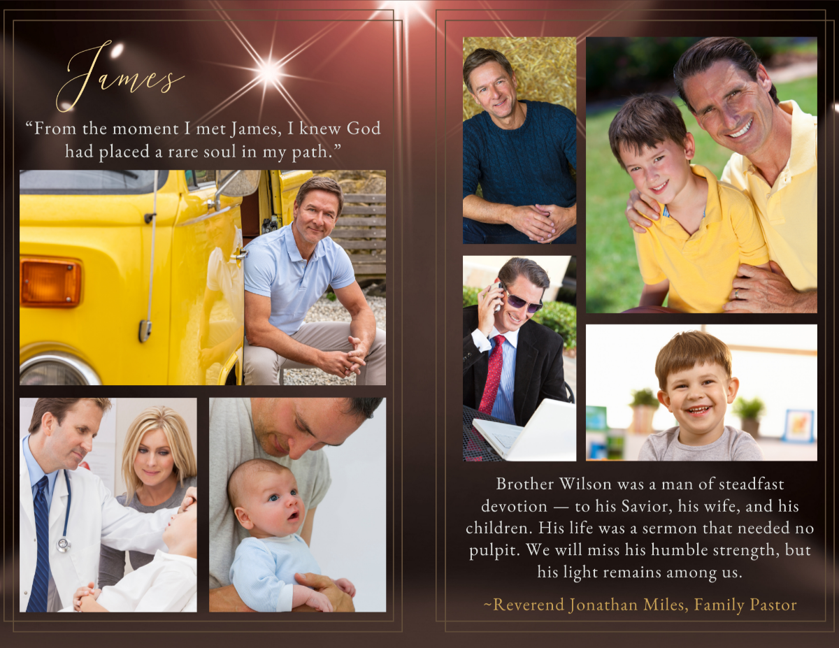Interior memorial collage layout featuring multiple family photos, heartfelt tribute text, and elegant bronze background with gold-lined framing and soft radiant light above.