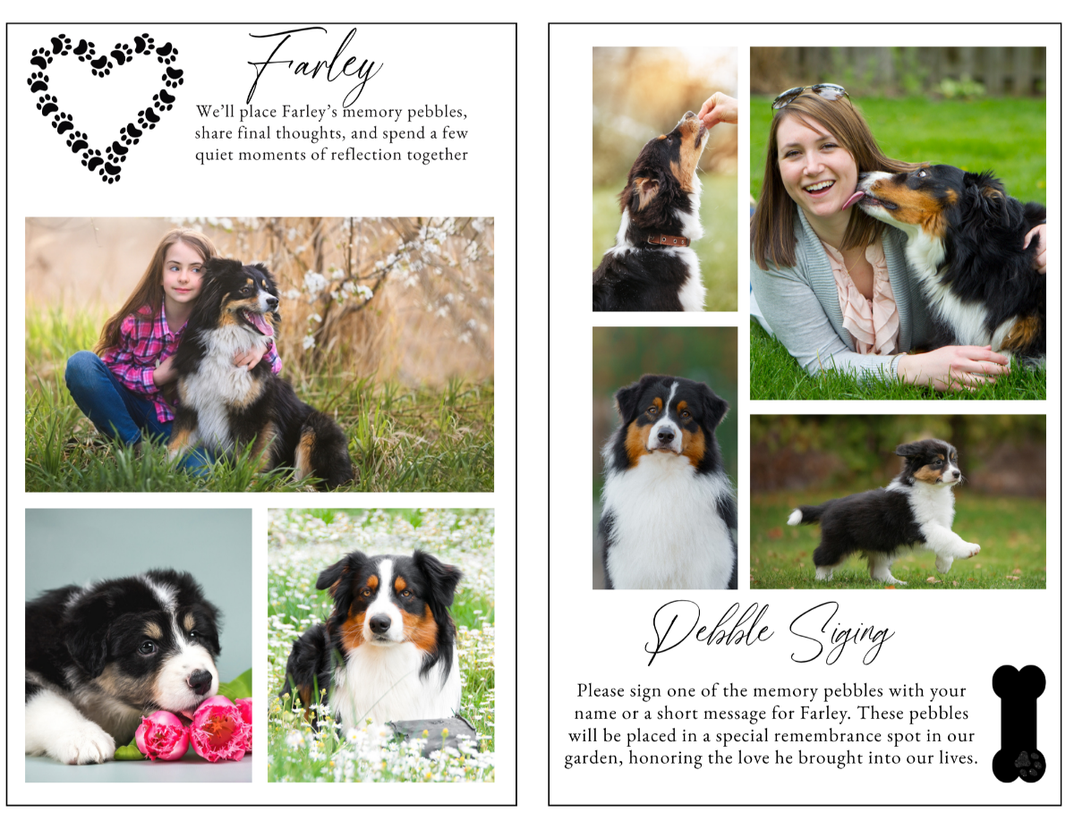 Simply Faithful pet photo collage and pebble signing pages featuring treasured dog photographs, family moments, memorial keepsakes, remembrance activities, and loving reflections celebrating a beloved family pet.
