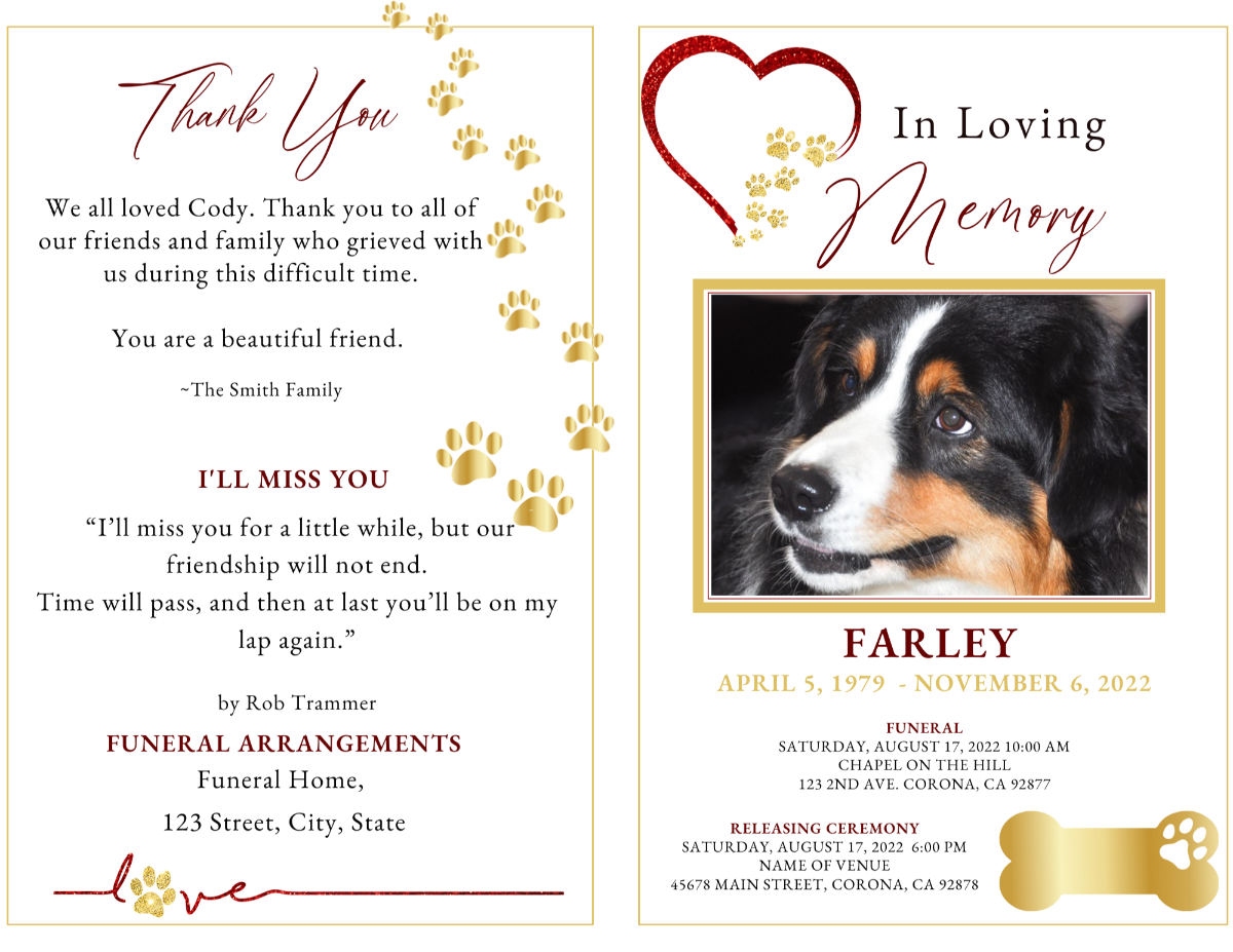Front and back cover layout with golden pawprints, thank-you message, and pet tribute poem.