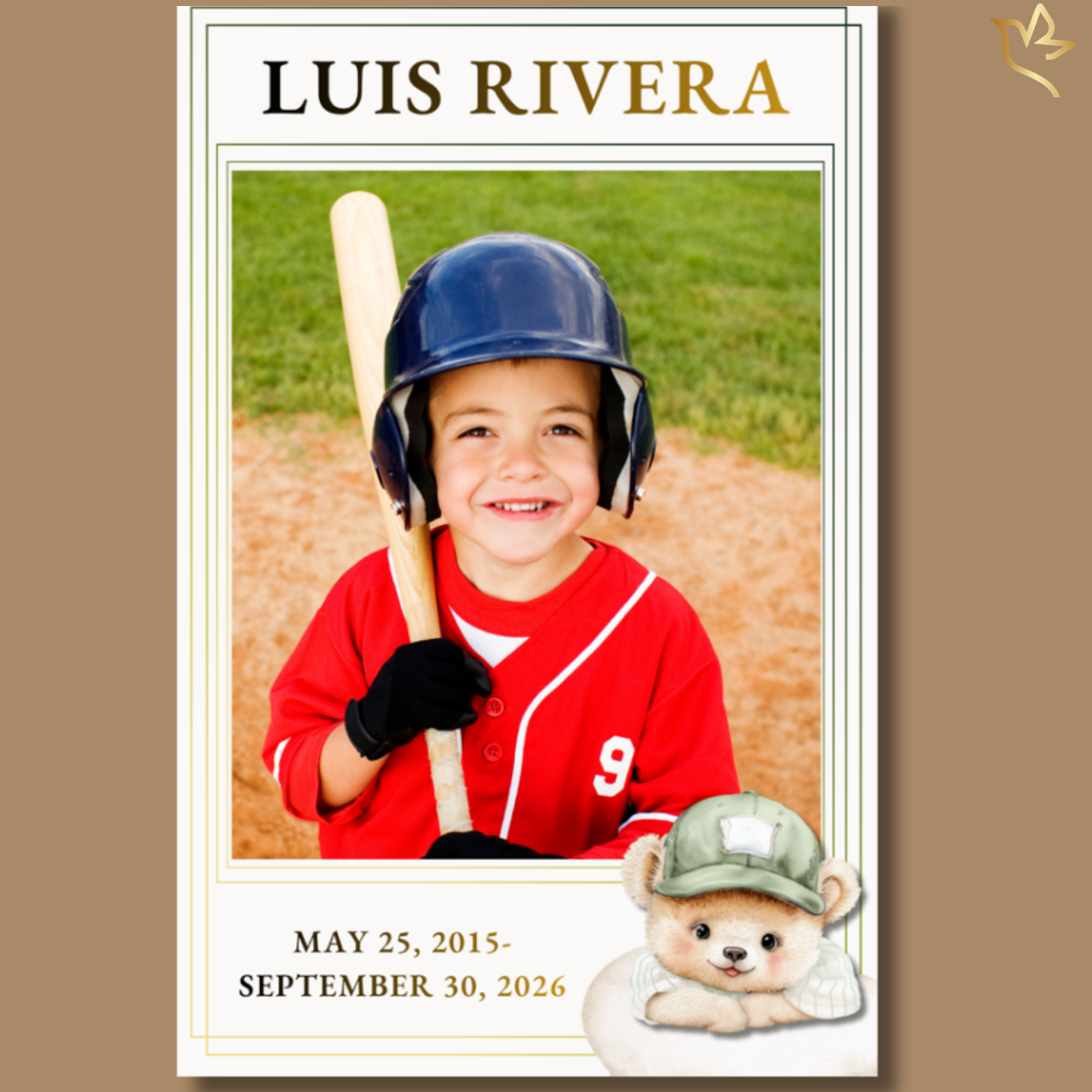 A tender children’s baseball funeral program cover featuring a smiling young boy in a baseball uniform holding a bat, accented with soft gold and sage details and a comforting teddy bear illustration.