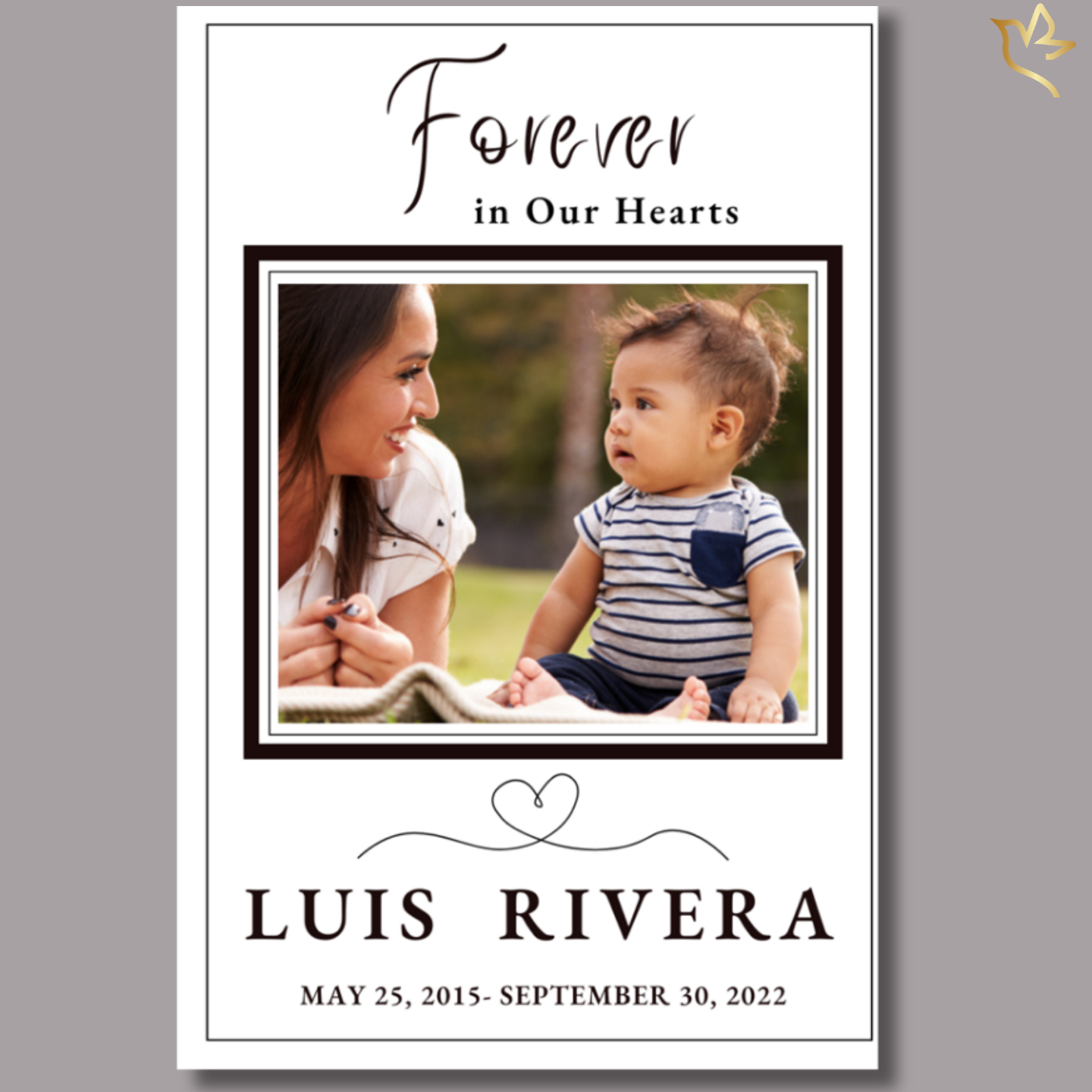 Sweetly Simple children's funeral program template featuring a soft black-and-white design, delicate heart accents, framed portrait layout, and gentle memorial styling for honoring the life of a beloved child, baby, son, daughter, sibling, or little angel.