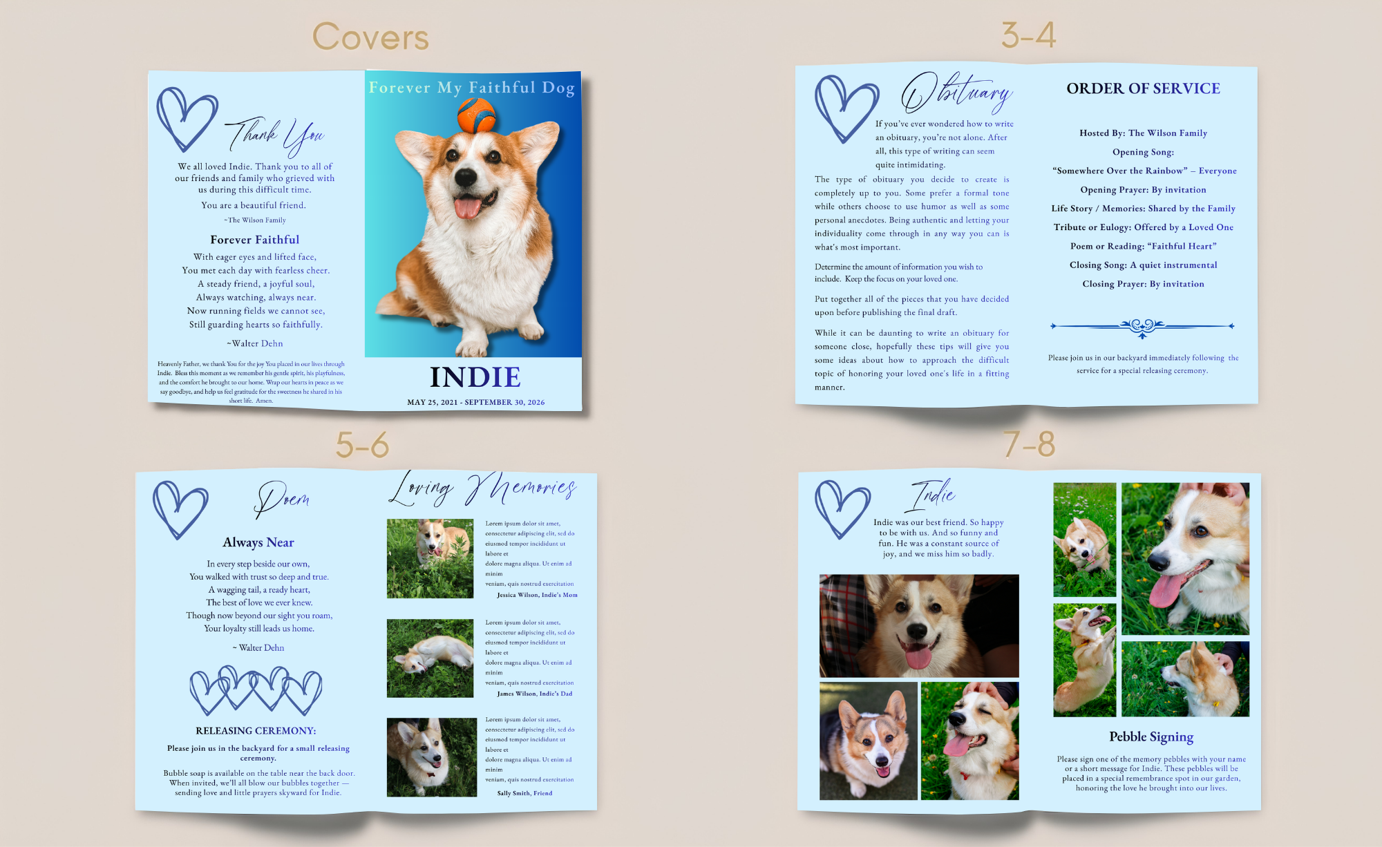 Eight-page pet funeral program template showing coordinated cover, obituary, order of service, poem, loving memories, photos, tribute, and memorial pages for a beloved dog.