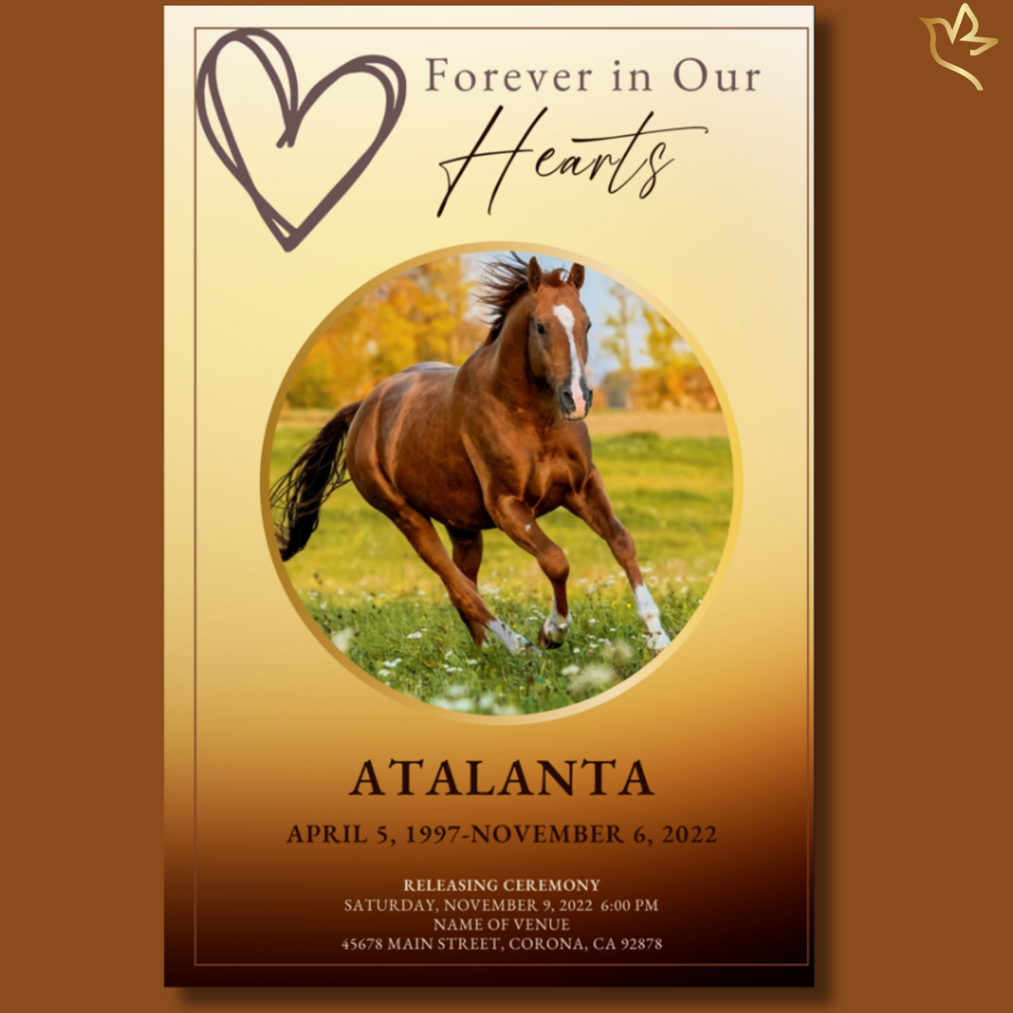 Warm golden-gradient memorial cover featuring a running chestnut horse in a circular frame, soft heart illustration, and clean, dignified layout for honoring a beloved equine companion.