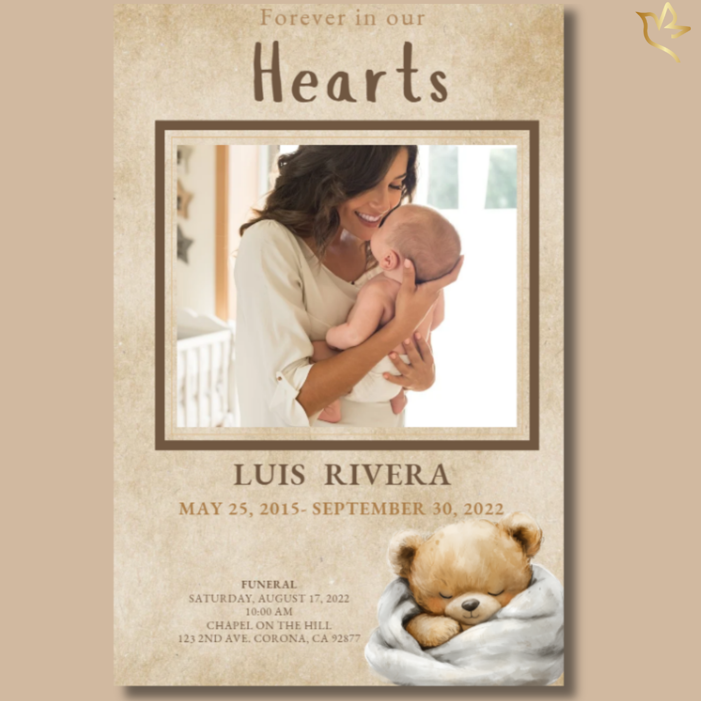 Teddy Bear Hugs child funeral program front cover featuring soft brown tones, wrapped baby teddy illustration, and a warm photo frame layout for honoring a young child.