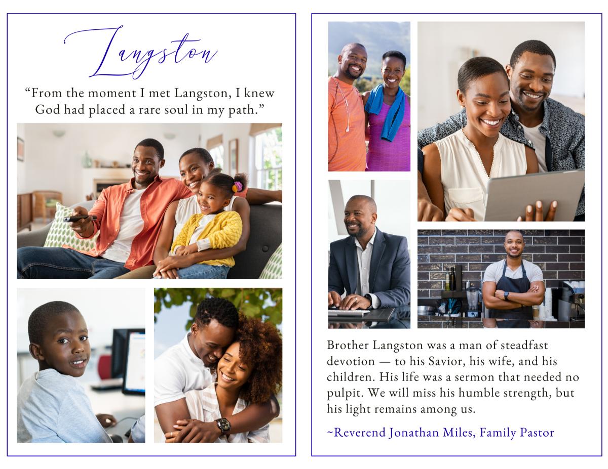 Photo collage tribute spread showcasing family, professional, and life-stage images arranged in structured framed layouts with coordinated blue accents.