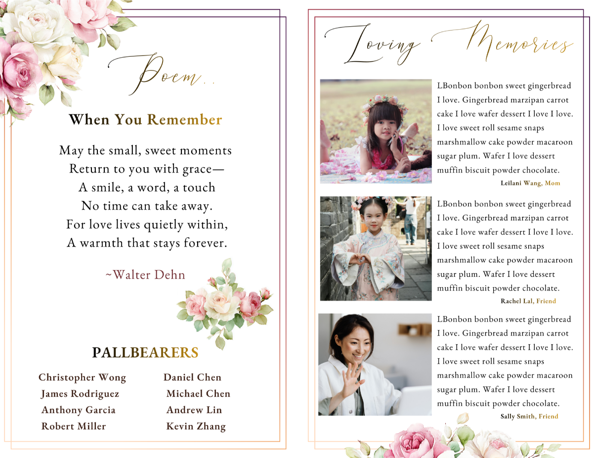 Poem and loving-tributes layout showing a memorial poem on the left and three portrait images with written tributes on the right, all set against a soft blush gradient with floral embellishments.