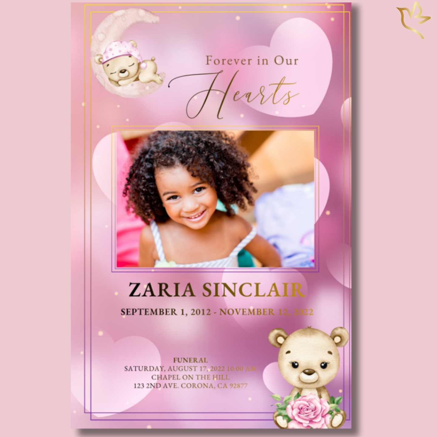 Soft pink and lavender memorial program cover featuring a centered child portrait framed in gold, gentle heart accents, a sleeping teddy bear on a crescent moon above, and a floral teddy illustration below, creating a tender and heavenly tribute.
