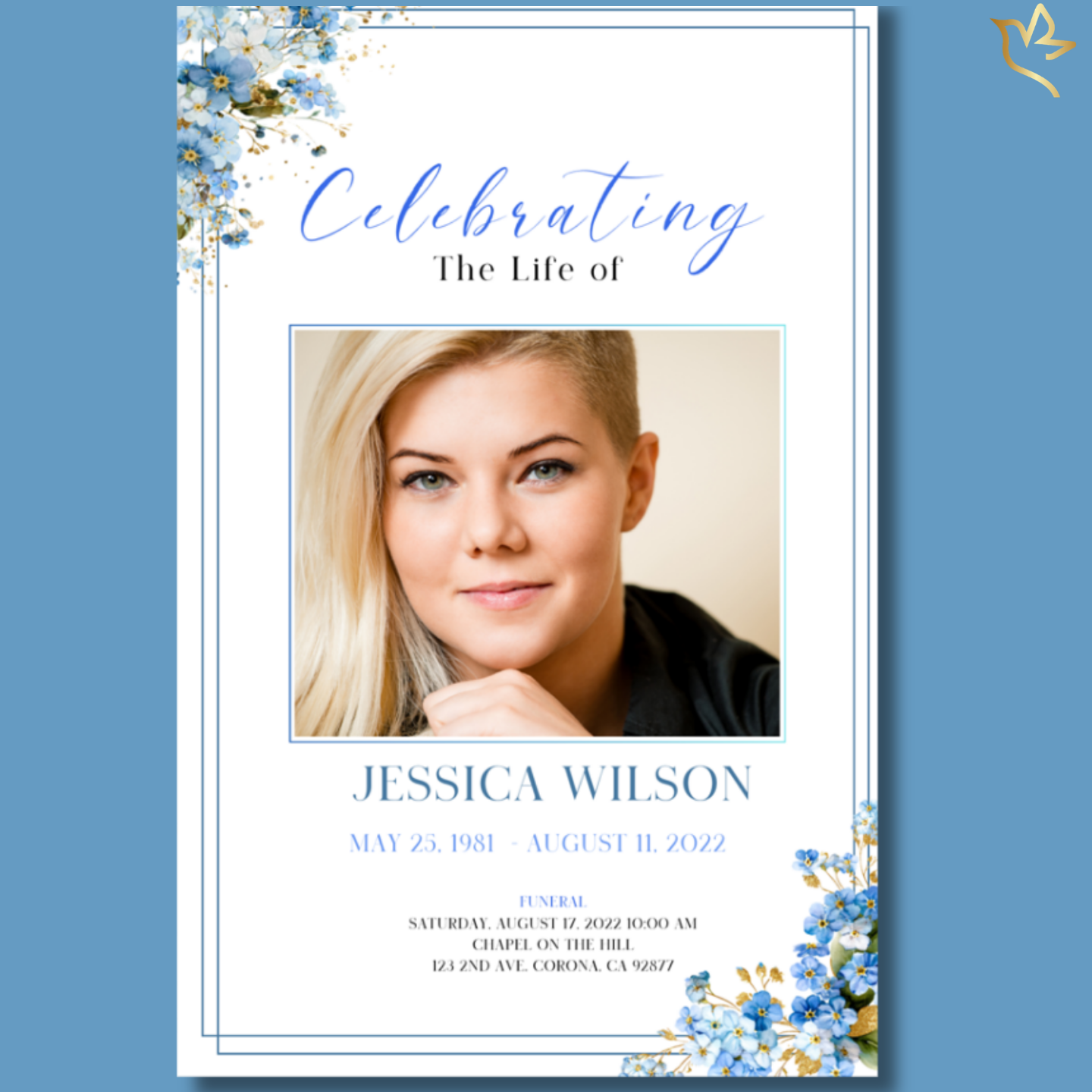 Heavenly Forget-Me-Nots funeral program cover featuring soft blue forget-me-not flowers with delicate gold accents framing a centered portrait, elegant script title, and gentle sky-blue and ivory memorial background.
