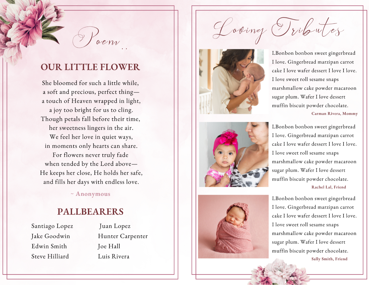 Memorial poem titled ‘Our Little Flower’ with floral borders, paired with tribute messages and tender family photos in a coordinated pink design.