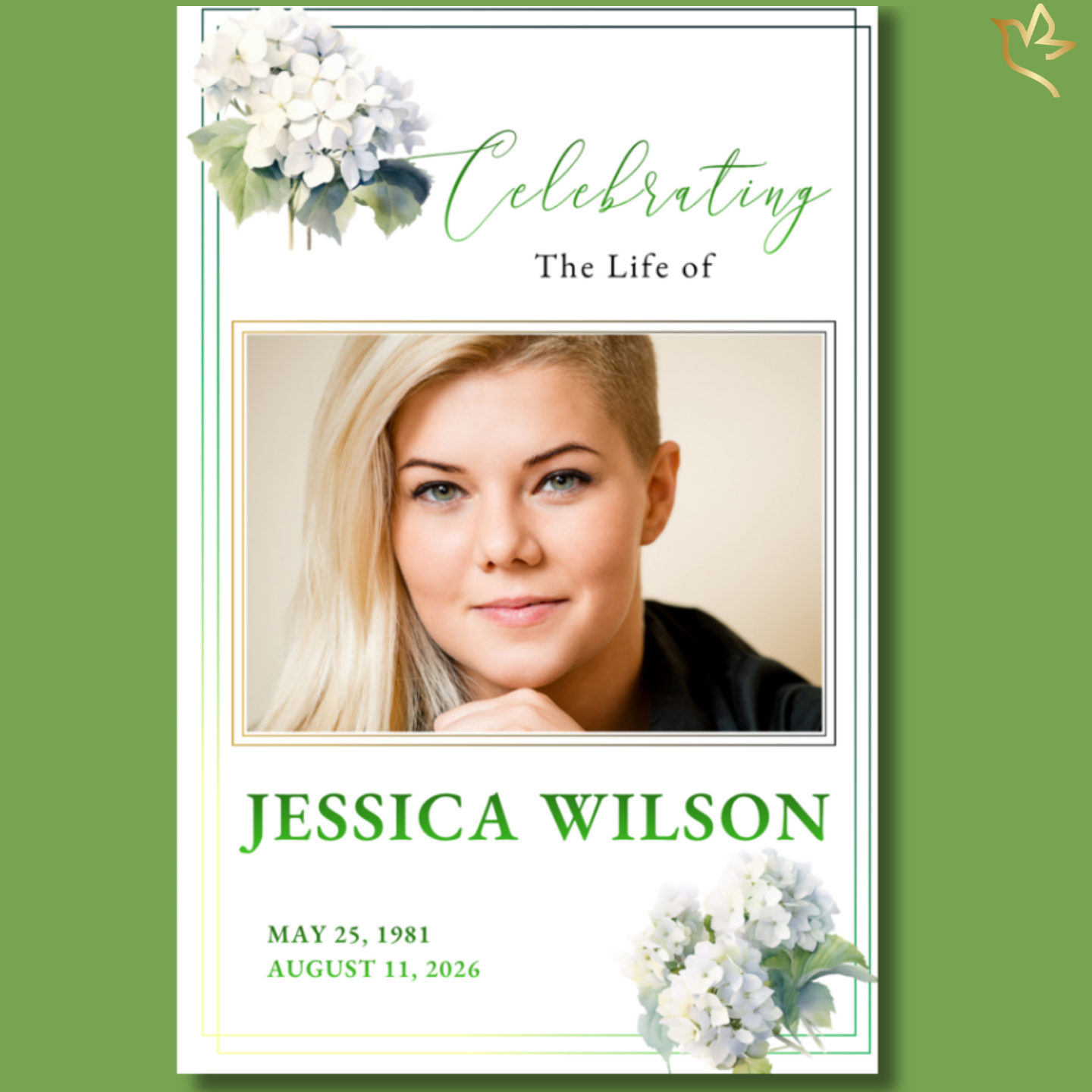 A graceful women’s memorial program cover featuring a softly smiling blonde woman framed with delicate white hydrangeas, elegant green accents, and gentle floral styling that creates a peaceful and comforting tribute.