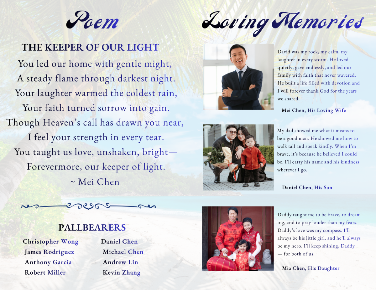 Loving memories page with family photos and tributes paired with a poem page featuring elegant typography and soft ocean tones.