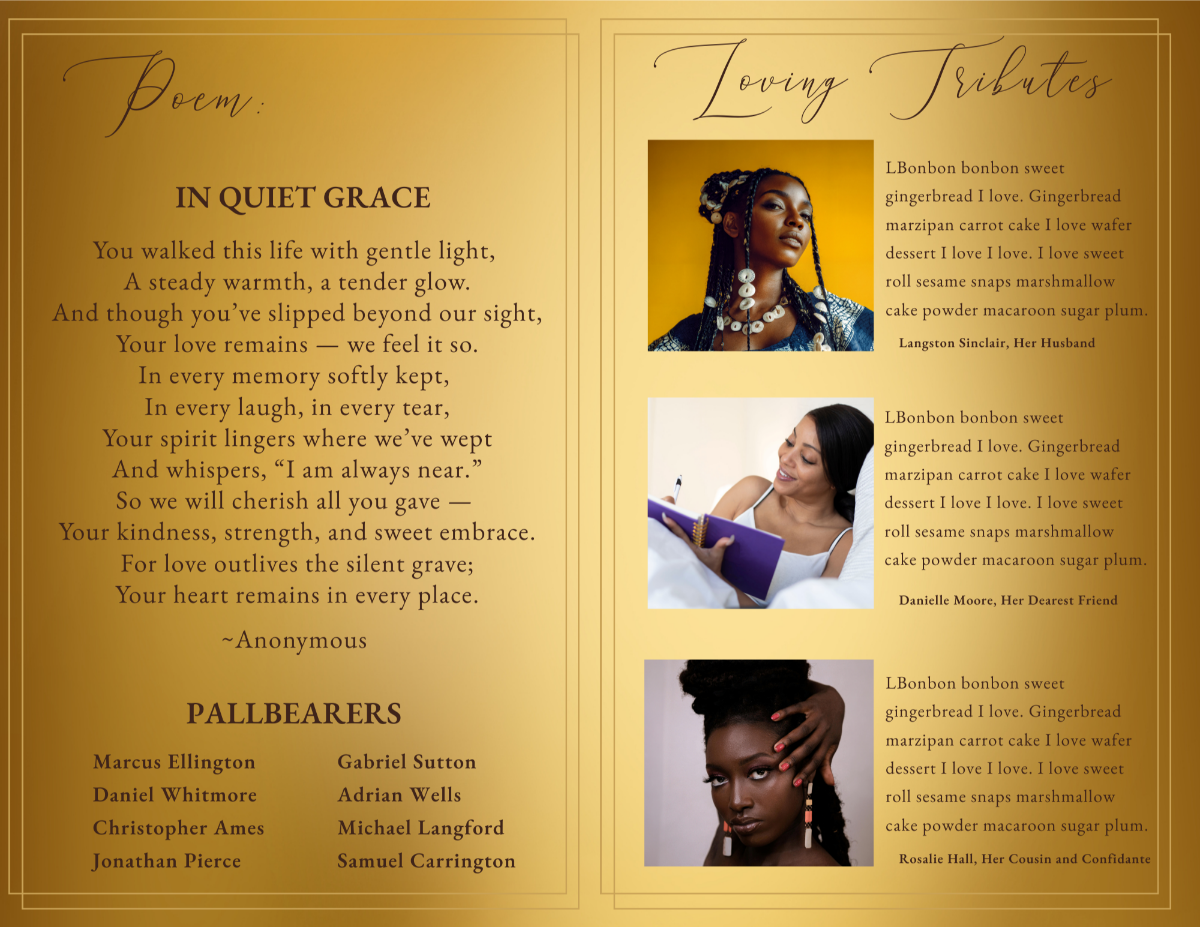 Poem and tributes spread featuring “In Quiet Grace” on the left with delicate gold framing, and on the right, portraits of family and friends beside written tributes, all set against a warm gold backdrop.